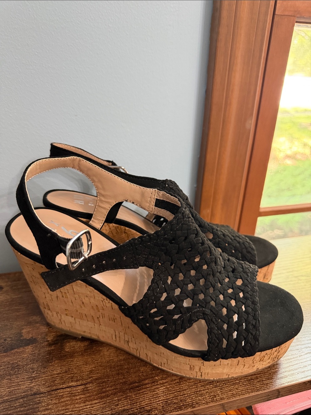 Mi Black Woven Cork Wedge Sandals